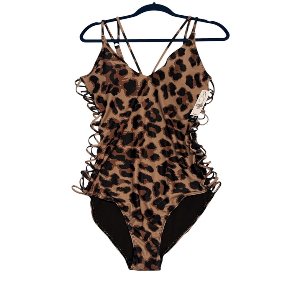 New York & Company One Piece Swimsuit New Women Large Leopard Open Sides Strappy